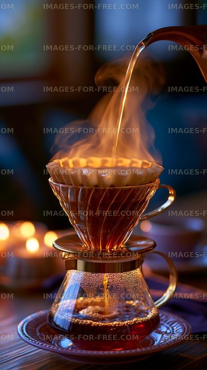 Brewing coffee with steam rising in a cozy setting