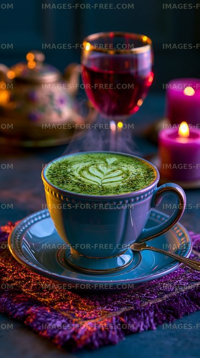 Green tea latte with leaf design and decorative setting