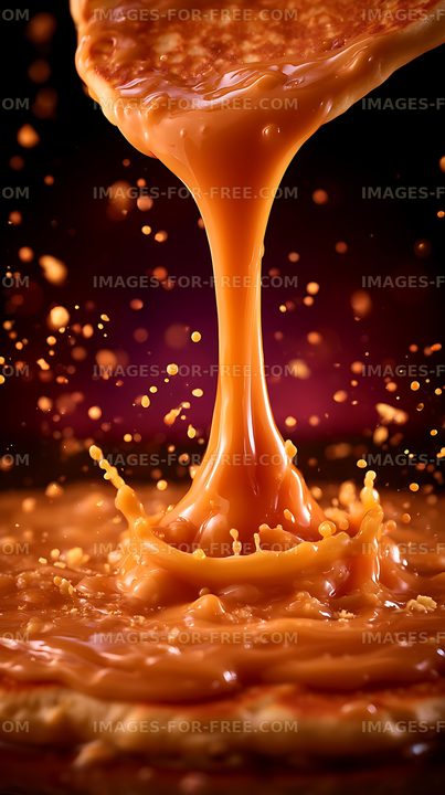 Caramel pouring and splashing over a dessert surface