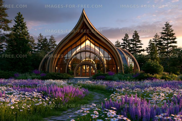 Unique building surrounded by flowers in a forest setting