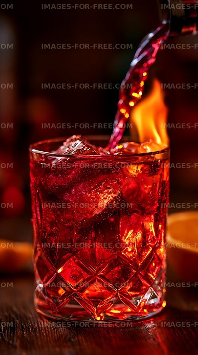 Pouring a bright red drink into a glass with ice cubes