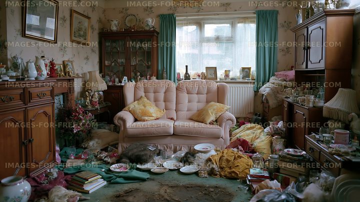 Living room clutter with disordered furniture and items