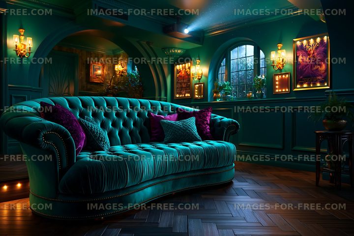 Elegant turquoise sofa in a dimly lit room with decorative accents