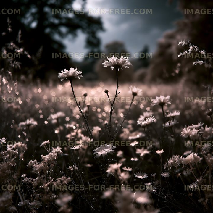 Field of flowers against a dark sky in late afternoon
