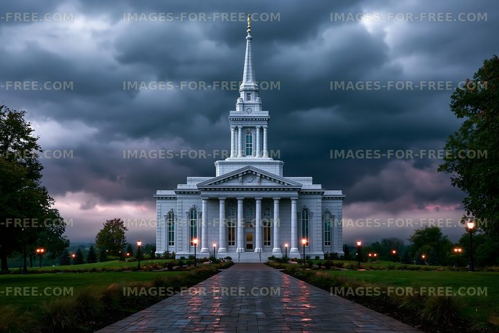 White church building under dark clouds