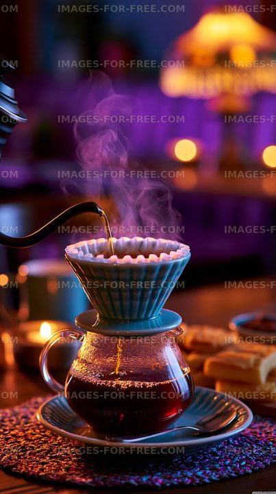 Brewing coffee in a cozy setting with warm lighting
