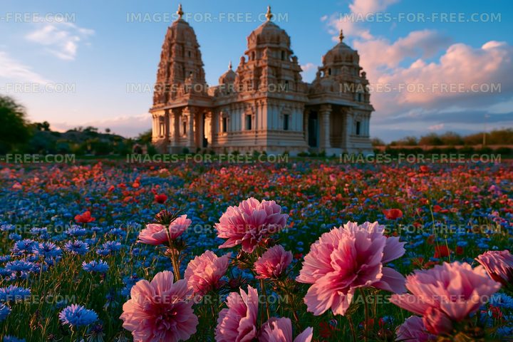 Flowers bloom in front of temple in the evening light