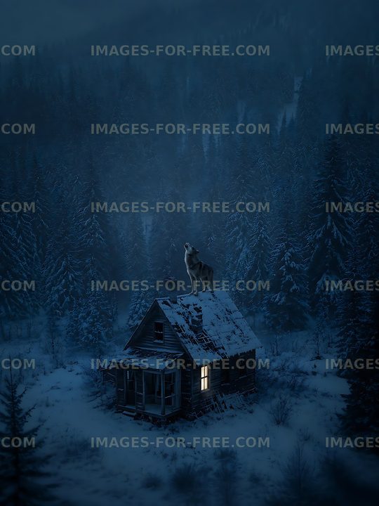 Wolf stands on roof of cabin in snowy forest at night
