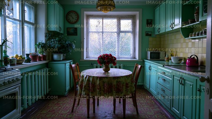 Old kitchen with green cabinets and a round table