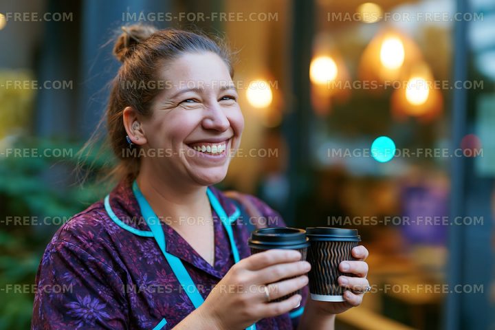 Woman in purple outfit holding two coffee cups outside cafe
