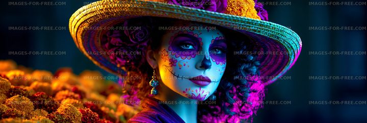 Woman in colorful attire with sugar skull makeup and flowers