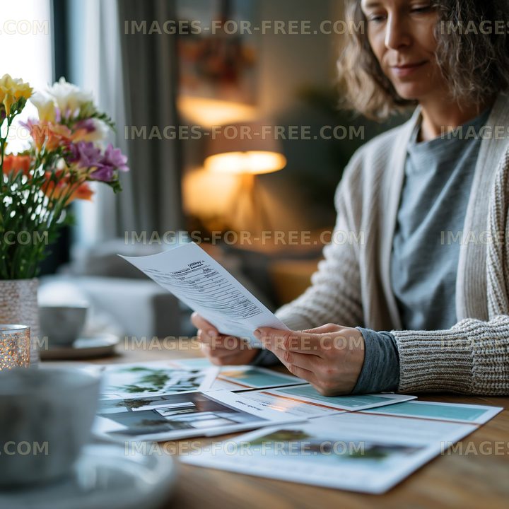 Woman reviewing documents at a wooden table with flowers nearby