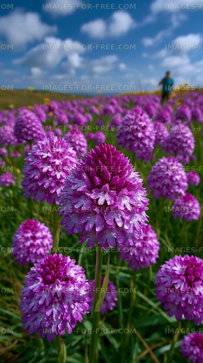 Purple flowers bloom in a field with a person walking in distance