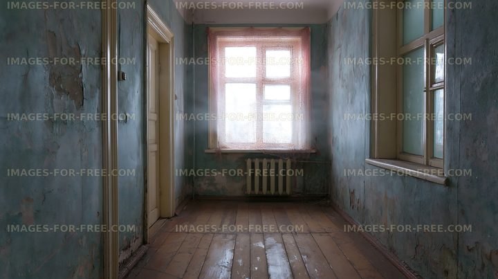 Empty room with faded walls and a window overlooking a cloudy day