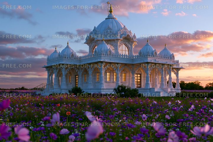 White temple surrounded by colorful flowers at sunset