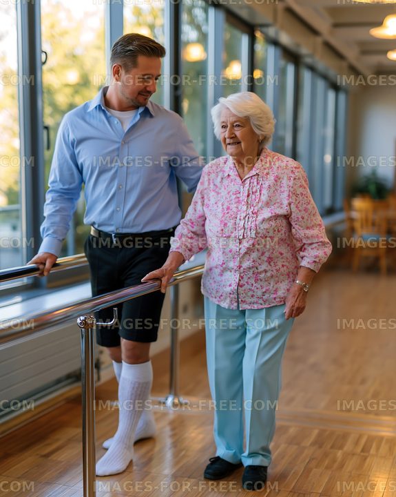 Man assisting senior woman in walking practice indoors