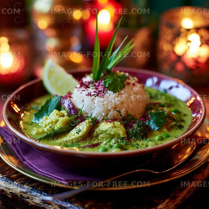 Bowl of green curry with rice and herbs on a table