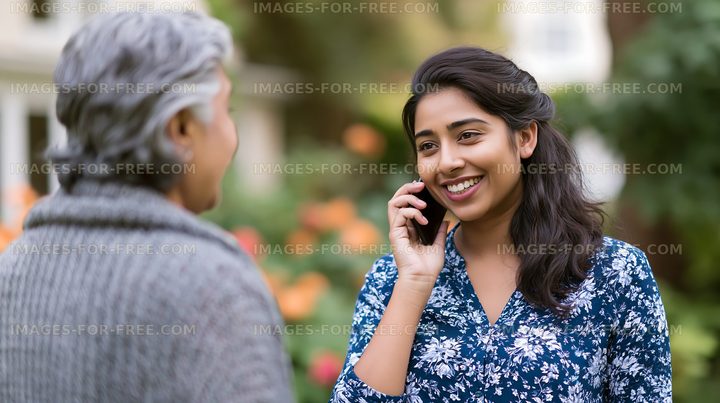 Woman talking on the phone outdoors while smiling at another person
