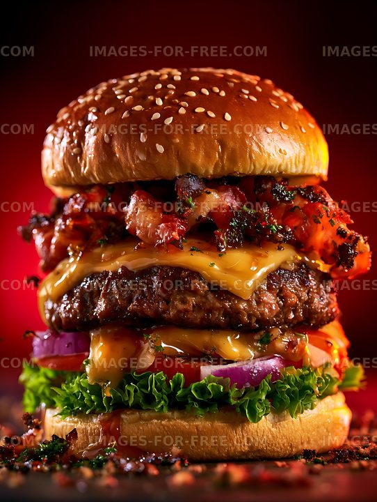 Juicy burger with layers of cheese, bacon, and fresh vegetables