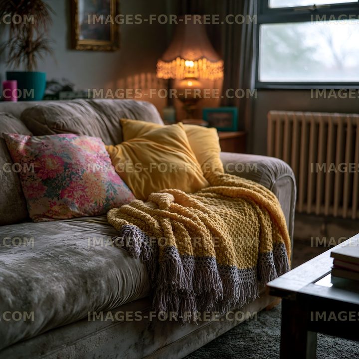 Cozy living room scene with blankets and pillows on a couch