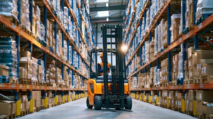 Forklift moving through a warehouse with shelves of boxes