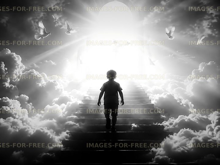 Child walking up stairs toward light in cloud-filled scene