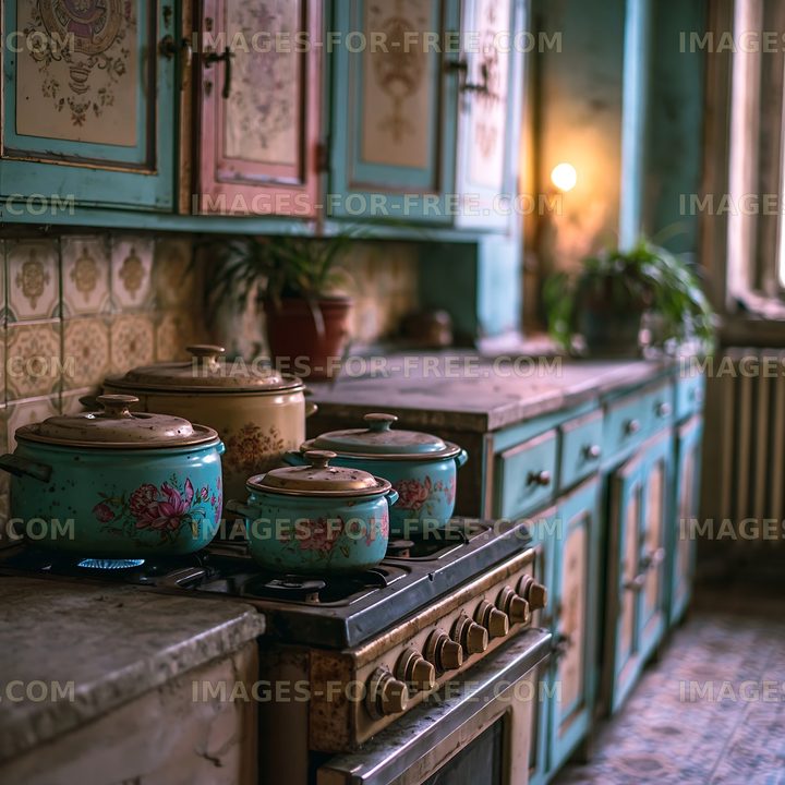 Vintage kitchen with colorful pots on the stove