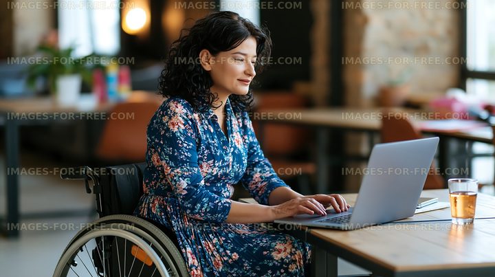 Woman in wheelchair working on laptop at cafe