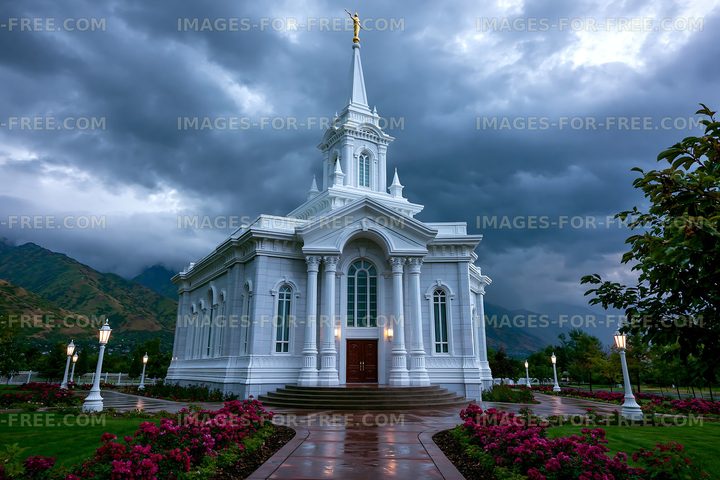 Church building surrounded by flowers and mountains under cloudy sky