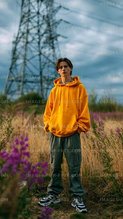 Teen standing in a field of flowers near power lines