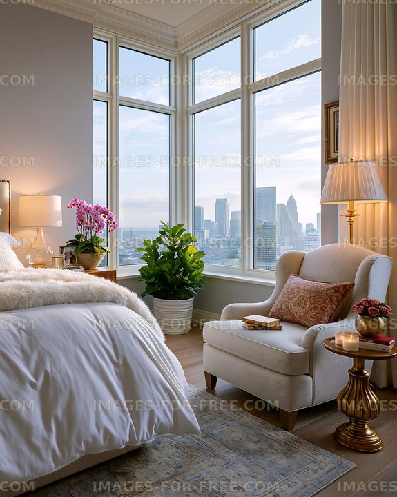 City view bedroom with large windows and modern decor
