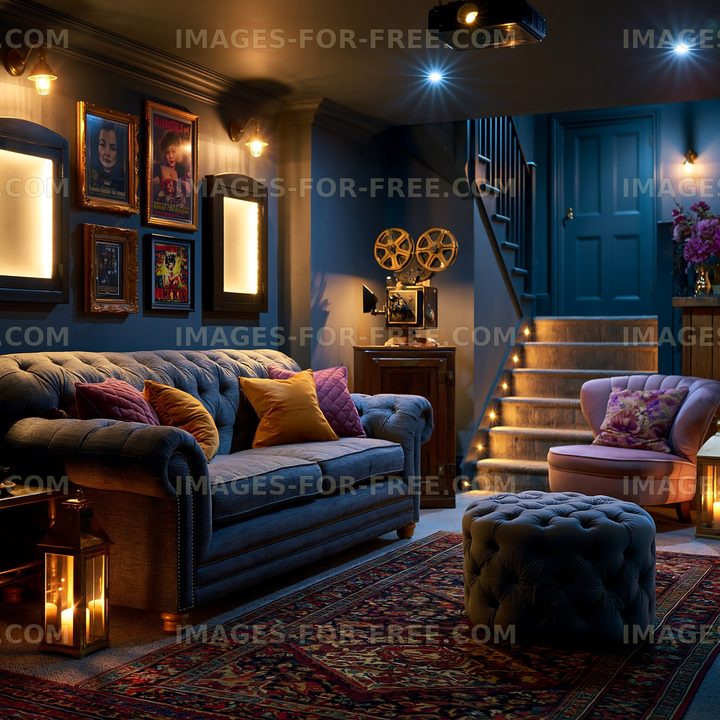 Cozy living room with vintage decor and dim lighting