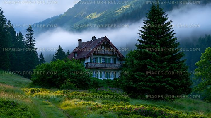 Fog surrounds a house in the mountains during early morning hours
