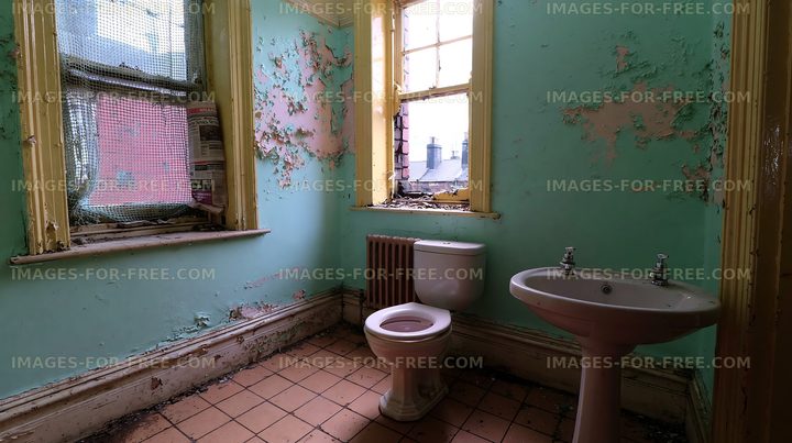 Old bathroom with peeling paint and natural light