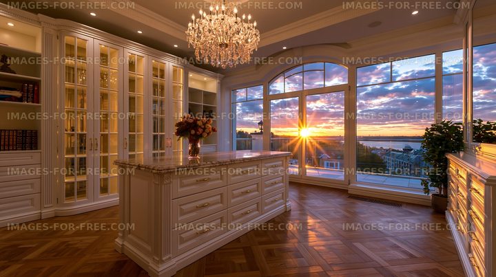 Modern interior with sunset view from large windows