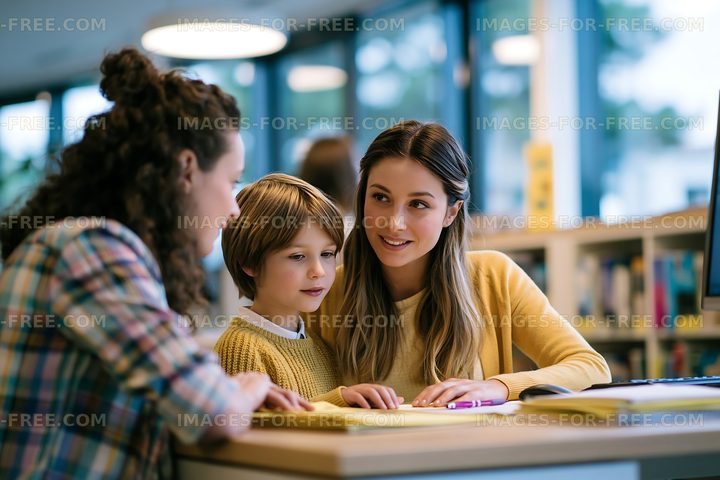 Mother and child reading with a woman at a library