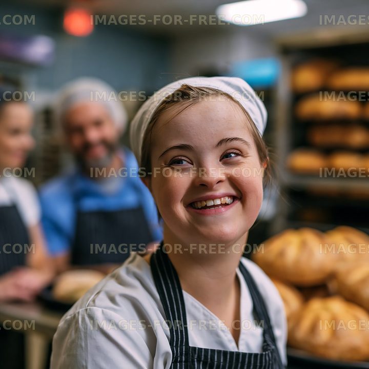 Smiling baker in a busy bakery with fresh bread in the background
