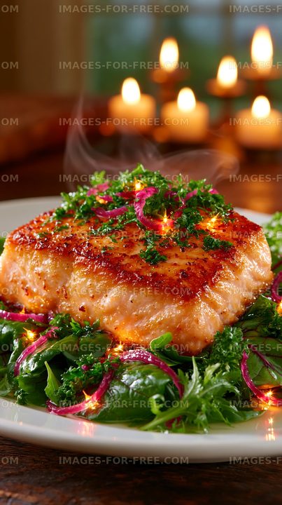 Grilled salmon served on a bed of fresh greens with herbs
