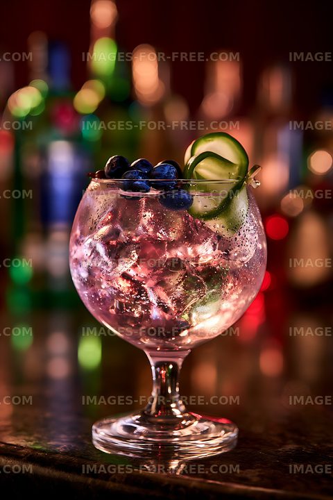 Fruit cocktail in a glass with ice and garnish on a bar counter