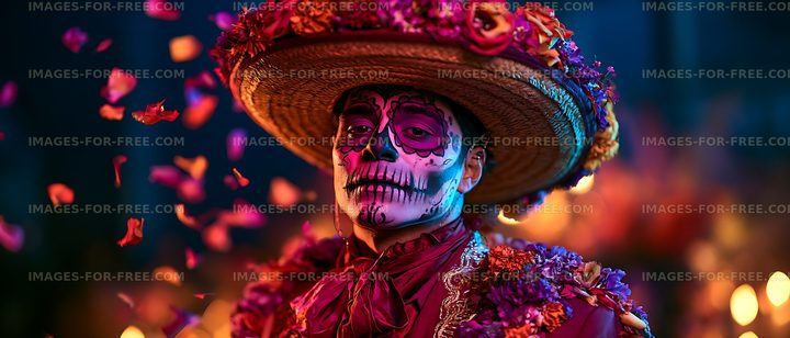 Celebration of Day of the Dead with colorful costumes and makeup