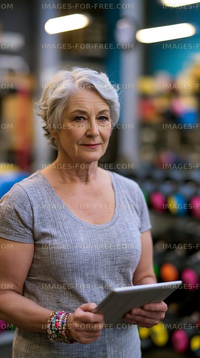 Senior woman in gym holding tablet while looking at camera