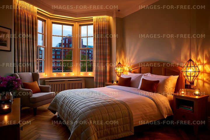 Modern bedroom with warm lighting and large windows at dusk