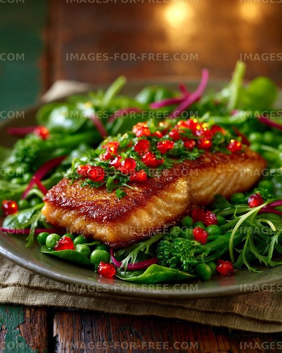 Freshly cooked salmon fillet served on a bed of green vegetables