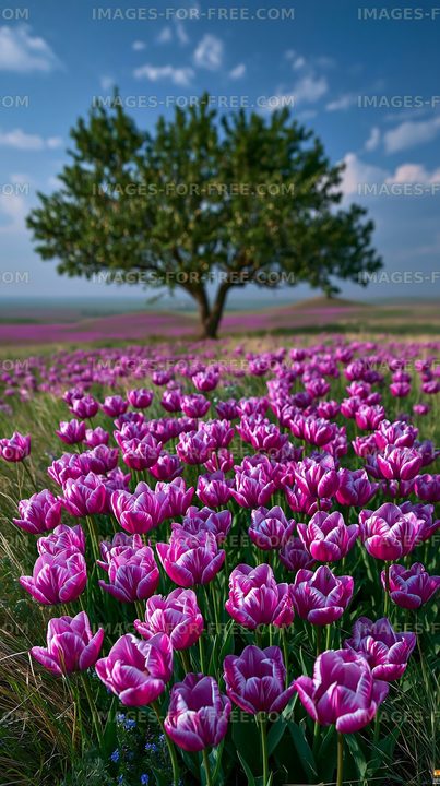 Field of pink tulips with a tree under a blue sky