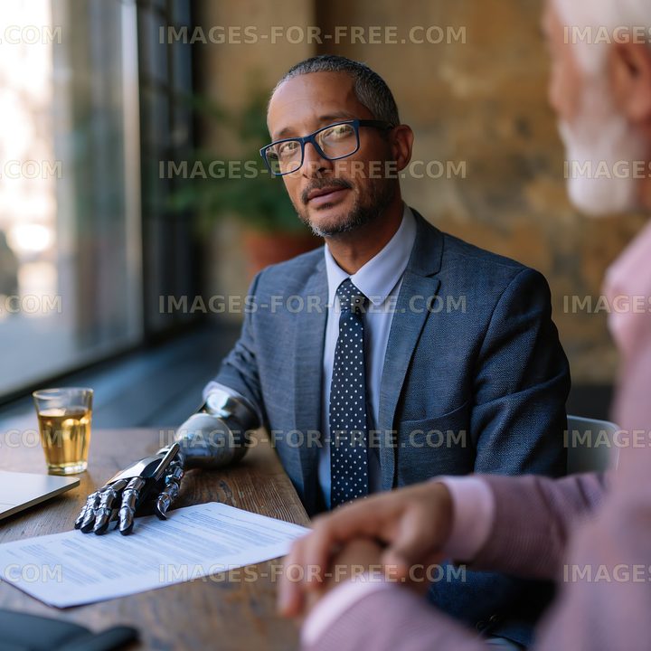 Business meeting between two men with one wearing a prosthetic arm