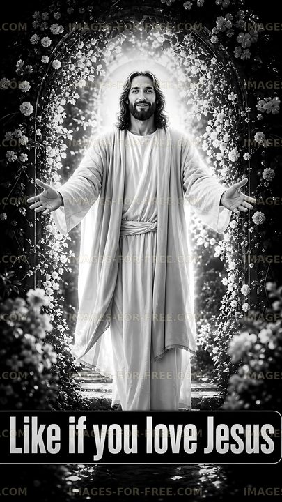 Jesus standing among flowers with open arms