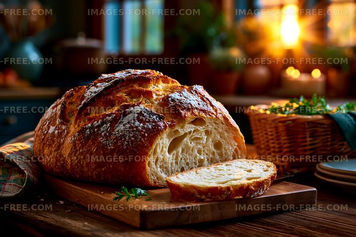 Freshly baked bread on a wooden cutting board in a warm kitchen