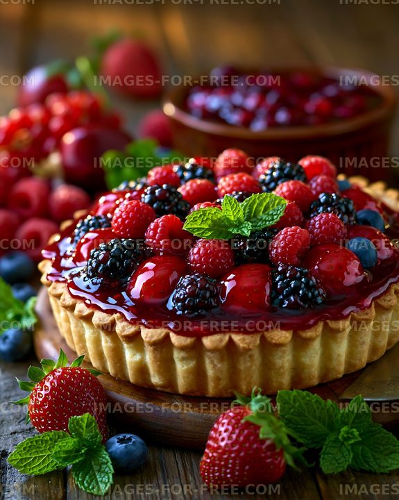 Berry tart with assorted berries on a wooden table