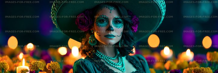 Woman with sugar skull makeup and floral decorations in a celebration