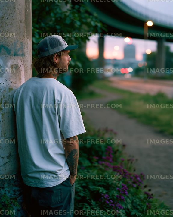 Man standing by a wall near a highway at dusk